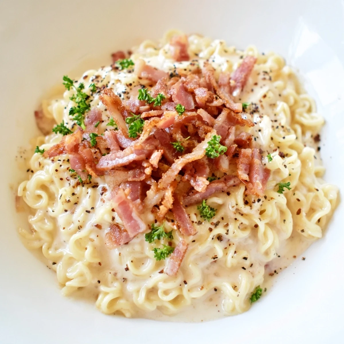A quick, easy bowl of Ramen Carbonara Hack with a generous sprinkle of fresh parsley and Parmesan cheese.