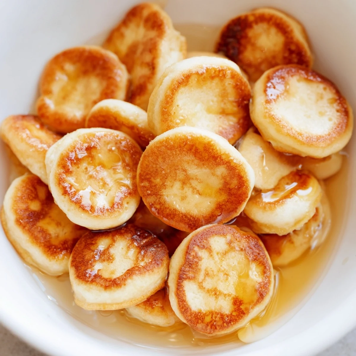 Golden-brown Fluffy Pancake Cereal swimming in milk, a delicious American breakfast treat.