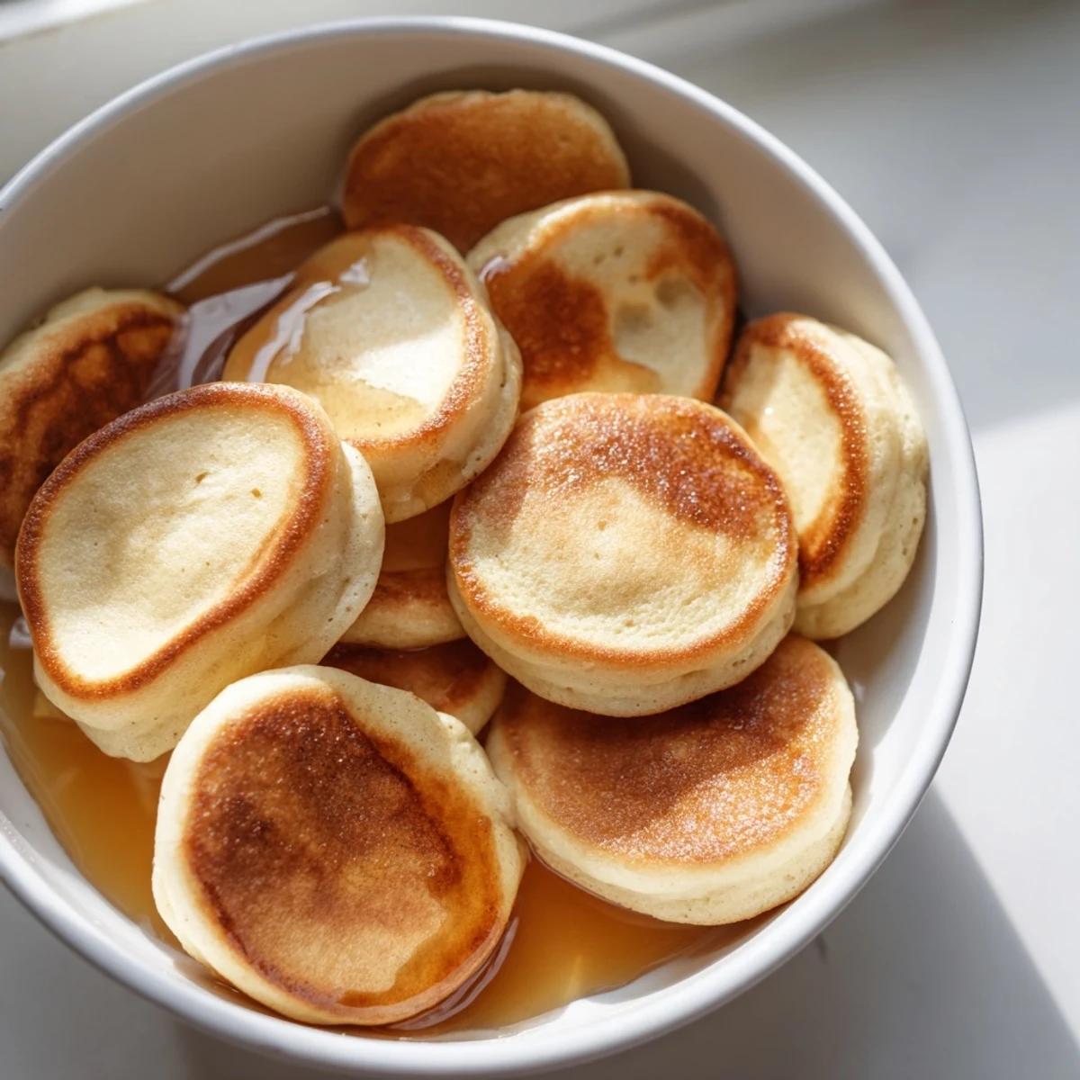 Close-up of a bowl of warm Fluffy Pancake Cereal, inviting textures for brunch enjoyment.