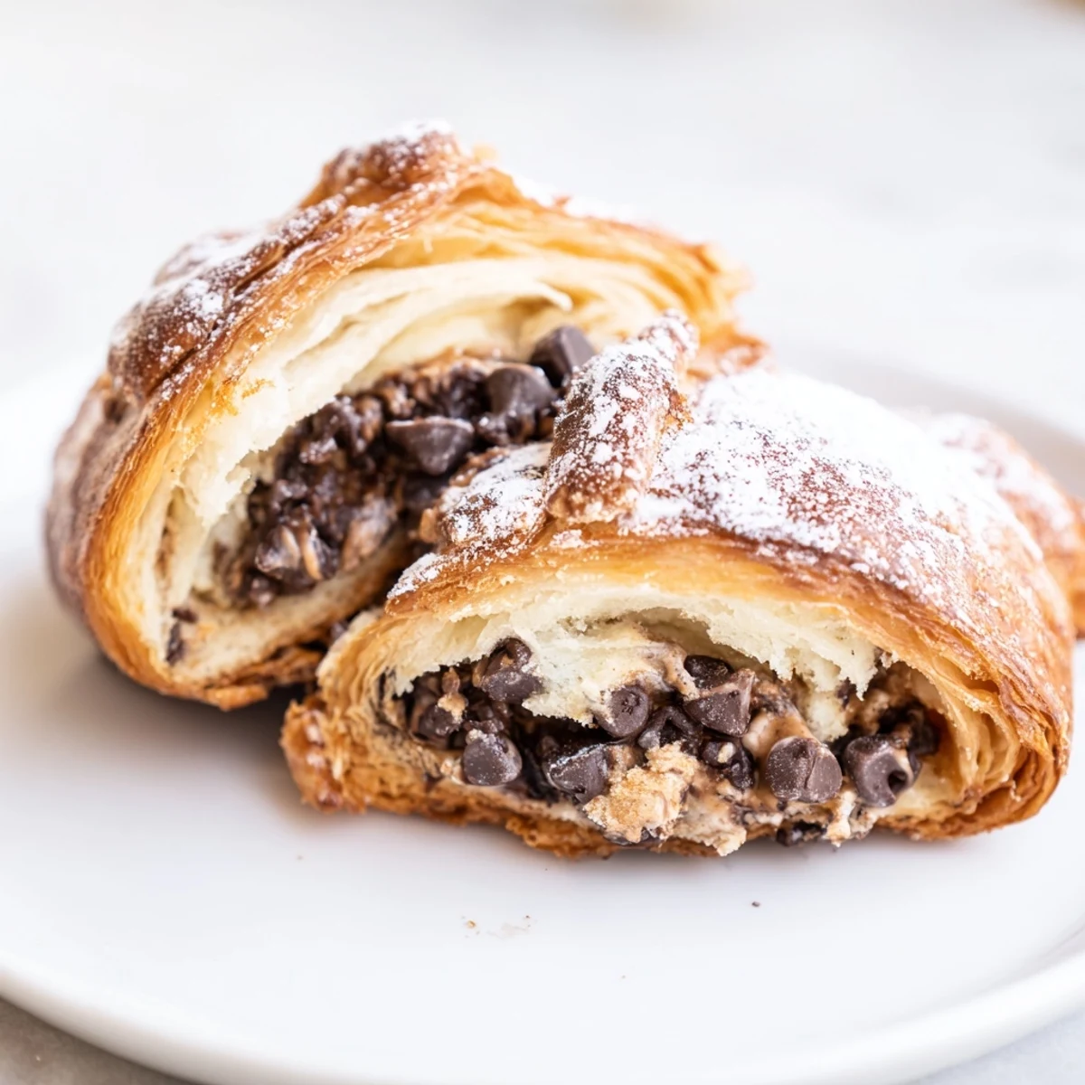 Golden, baked Cookie Croissant featuring a flaky exterior and gooey chocolate-chip cookie filling.