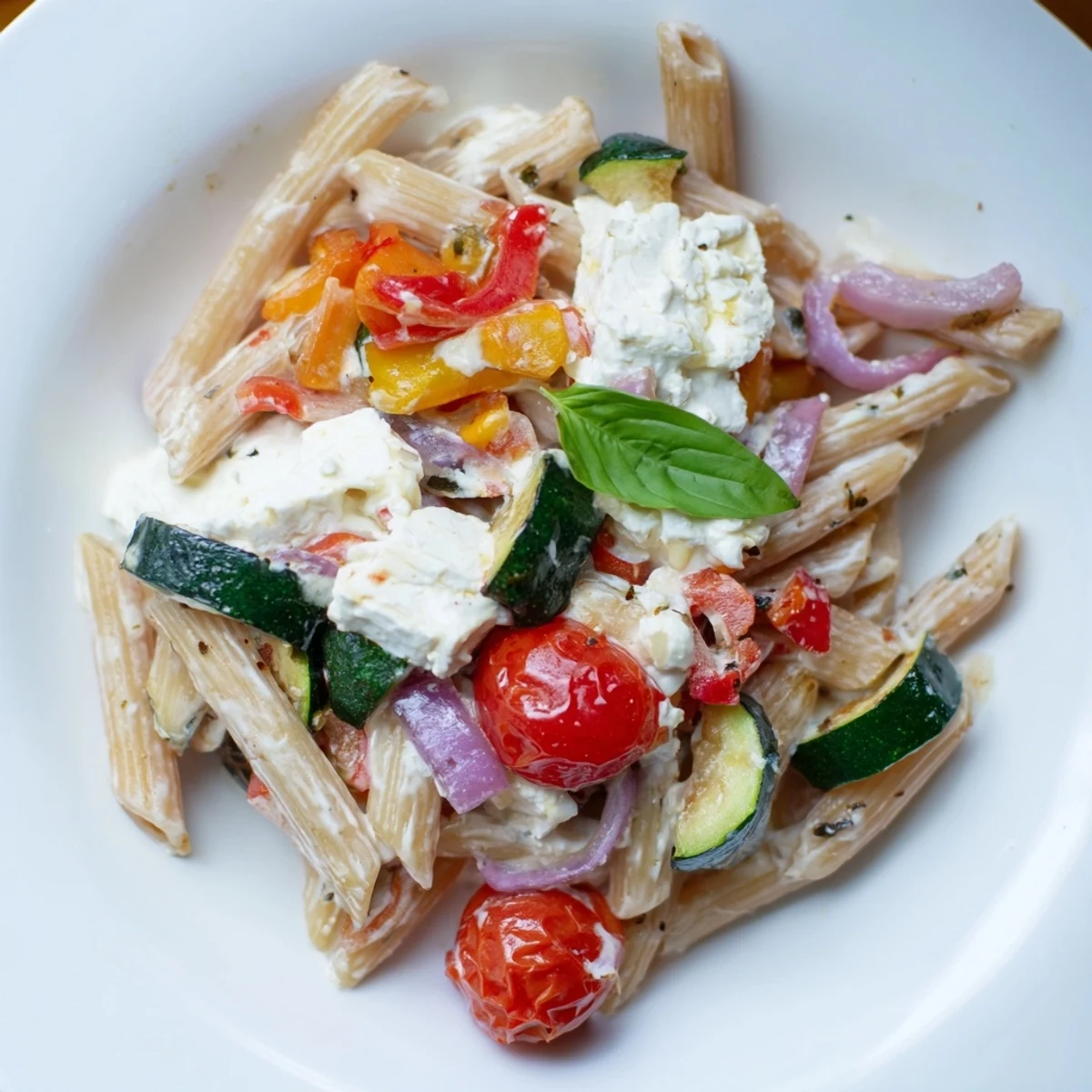 Wholesome whole-grain pasta tossed with a baked feta and roasted vegetable sauce.