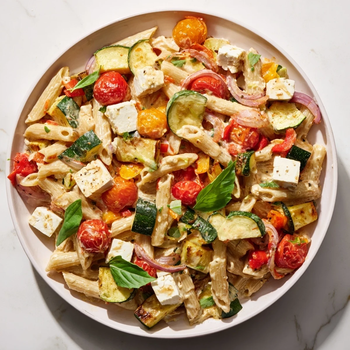 Golden baked feta pasta with vibrant roasted vegetables, ready to be tossed with pasta.