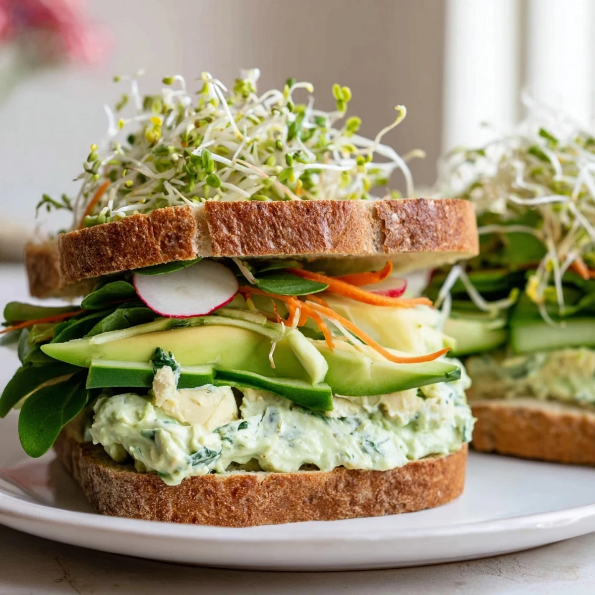 Vibrant Green Goddess Sandwich, packed with fresh veggies and creamy herb spread, ready to enjoy.