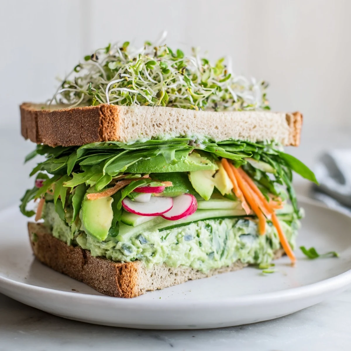 Delectable vegetarian Green Goddess Sandwich, showcasing colorful layers of fresh ingredients and flavors.
