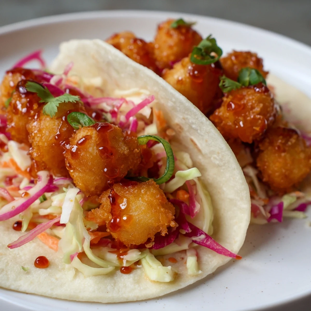 Golden-fried hot honey chicken tacos with vibrant slaw, the perfect blend of sweet and spicy flavors.