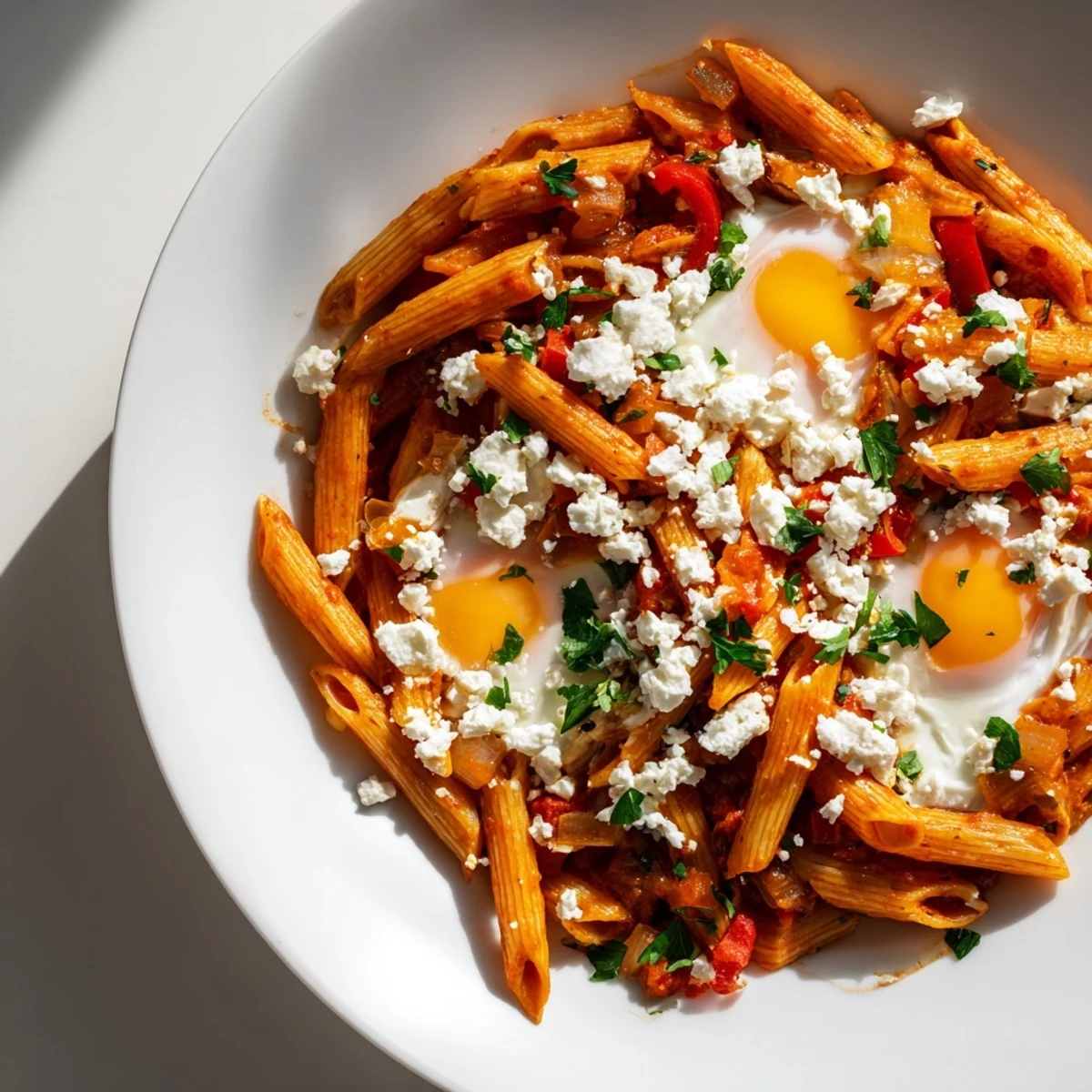 Quick Shakshuka Pasta with runny eggs, creamy sauce, and fresh herbs, ready to serve.