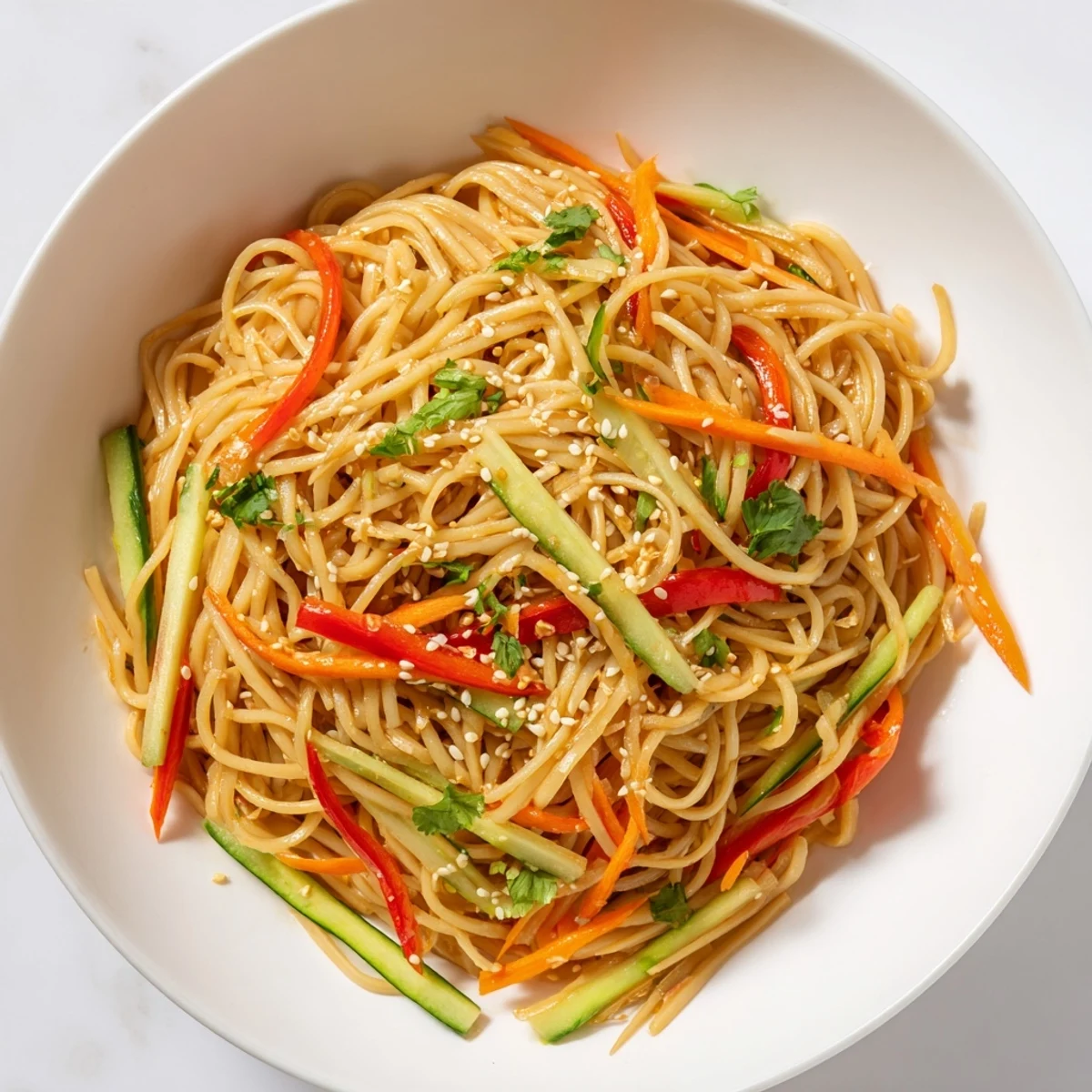 Steaming bowl of Garlic Noodle Salad with vibrant veggies, tossed in savory dressing, ready to eat.