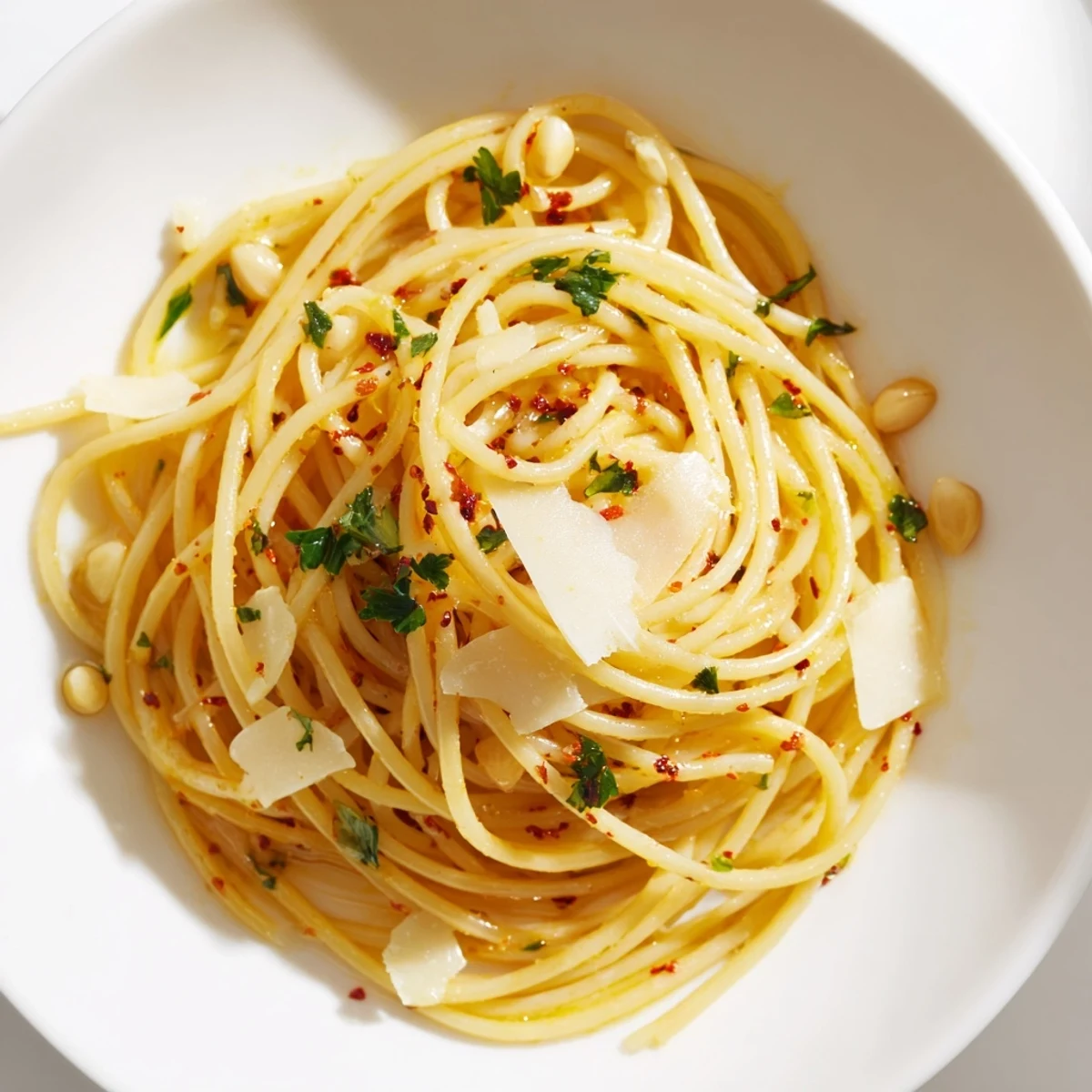 Steaming Aglio e Olio Express Pasta: spaghetti coated in glistening garlic and chili-infused olive oil.