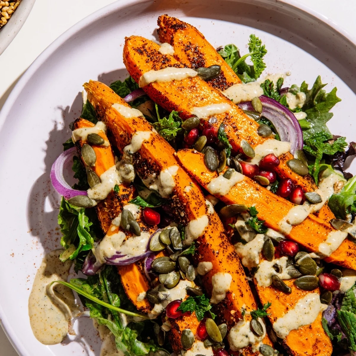 Mediterranean roasted carrot salad featuring tender carrots, pomegranate jewels, and creamy drizzle.