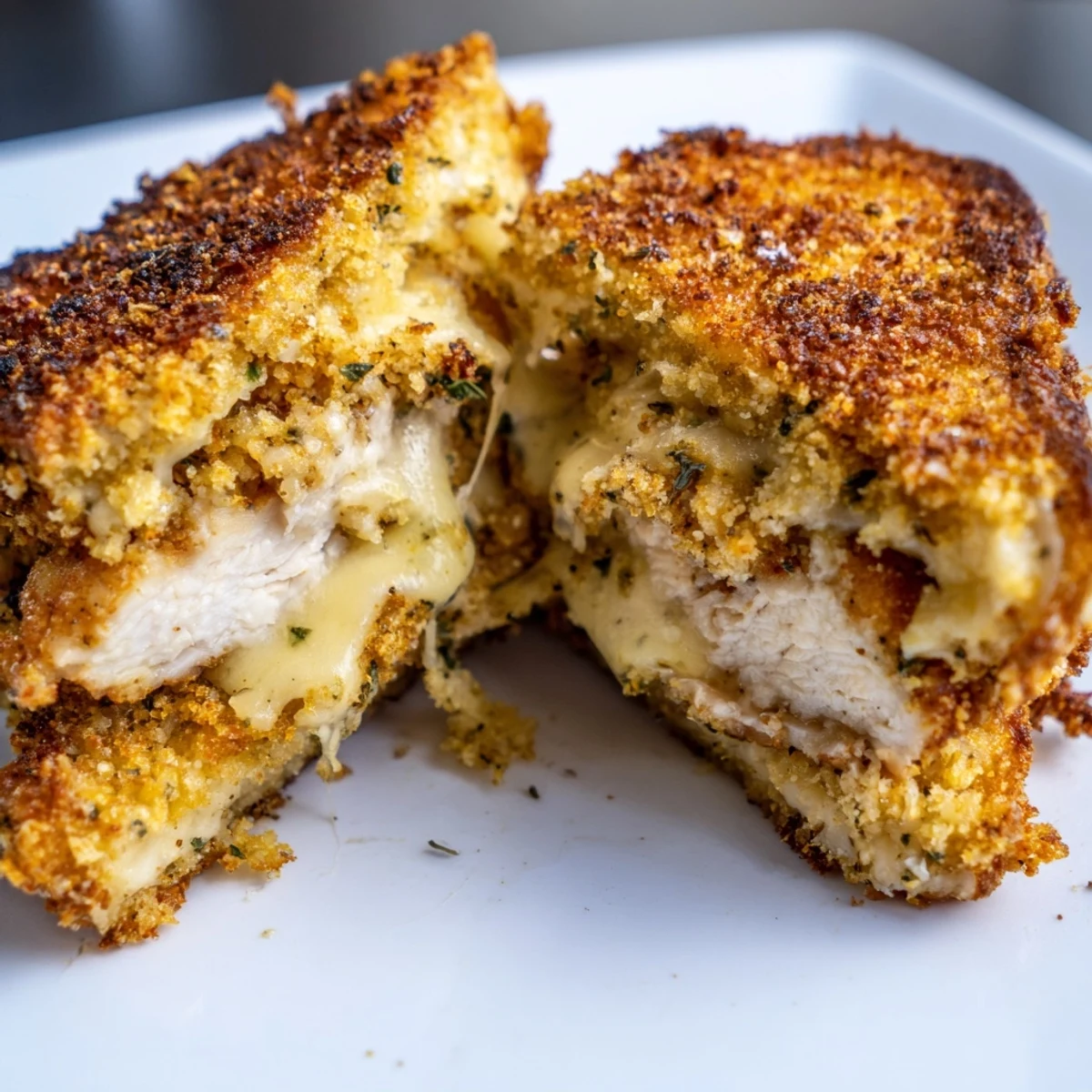 Golden-brown Crispy Parmesan Chicken Thighs Grilled Cheese, featuring melted cheese and a crunchy chicken patty.