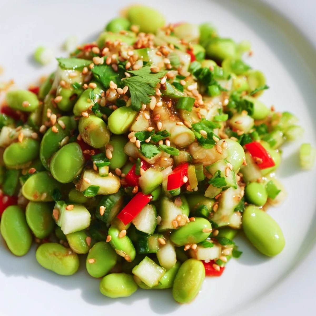 A bowl full of delicious Edamame Salad, featuring tender edamame and a savory ginger dressing.