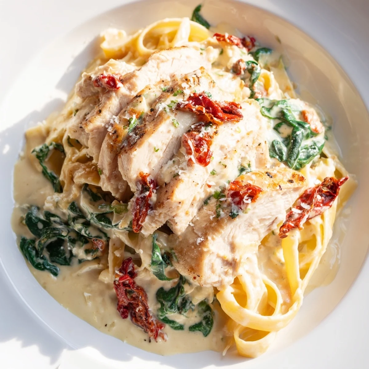 Creamy Tuscan Chicken Pasta with tender chicken, sun-dried tomatoes, and a rich, creamy sauce is served.