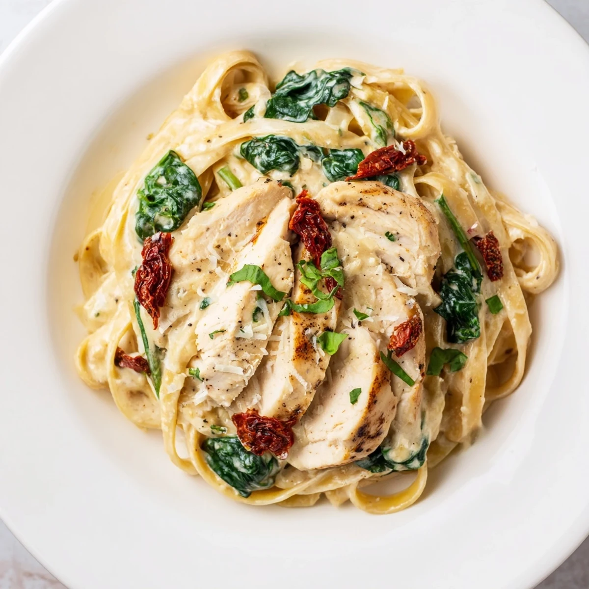 This satisfying plate features Creamy Tuscan Chicken Pasta, a dish with vibrant flavors and fresh herbs.