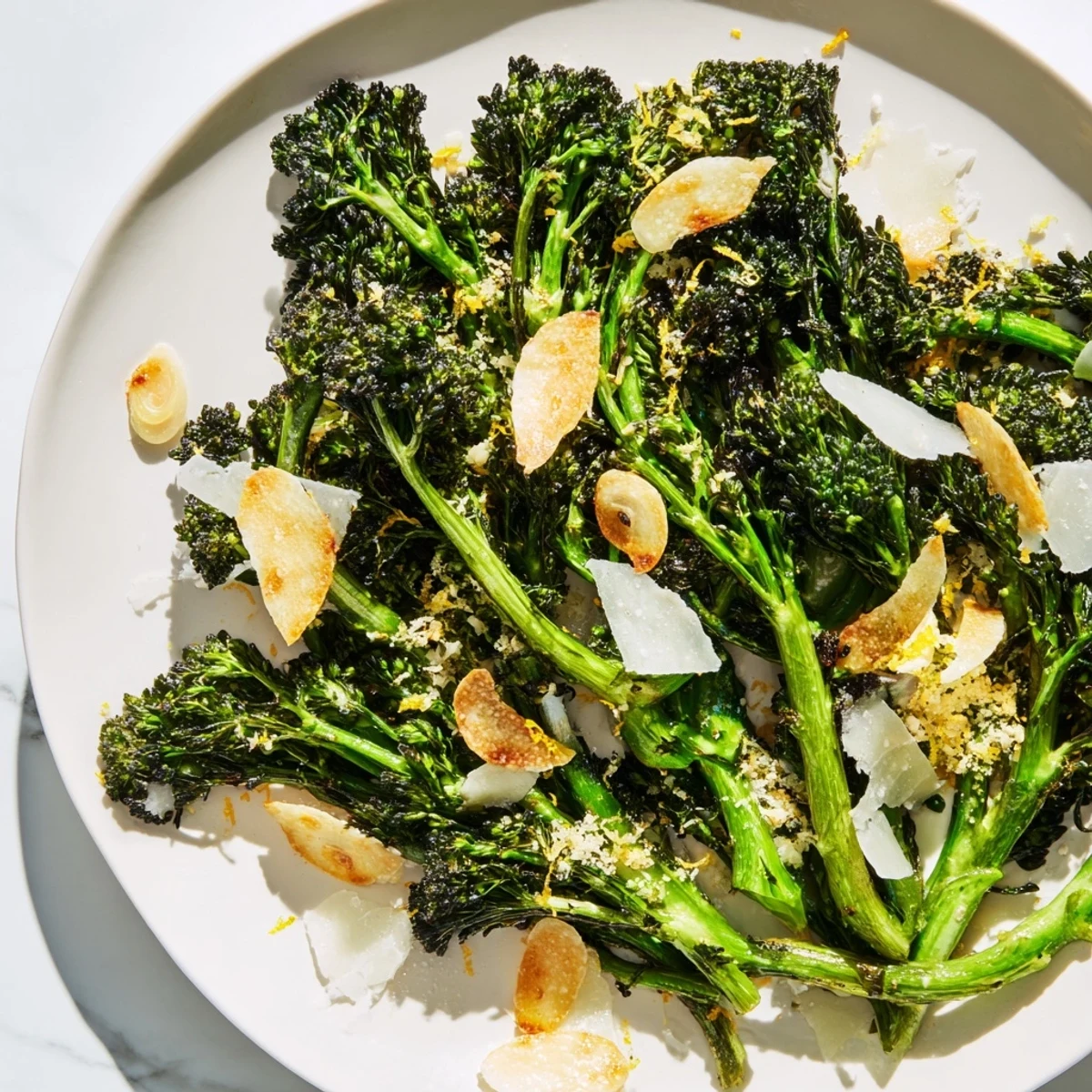 Crispy air-fried broccolini salad with vibrant charred edges, Parmesan, and a lemon dressing.
