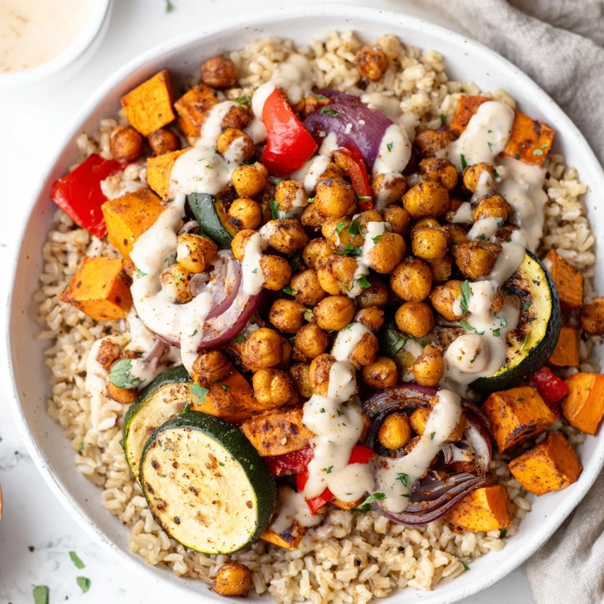 Crispy roasted chickpeas and colorful vegetables star in this vibrant Roasted Chickpea Buddha Bowl.