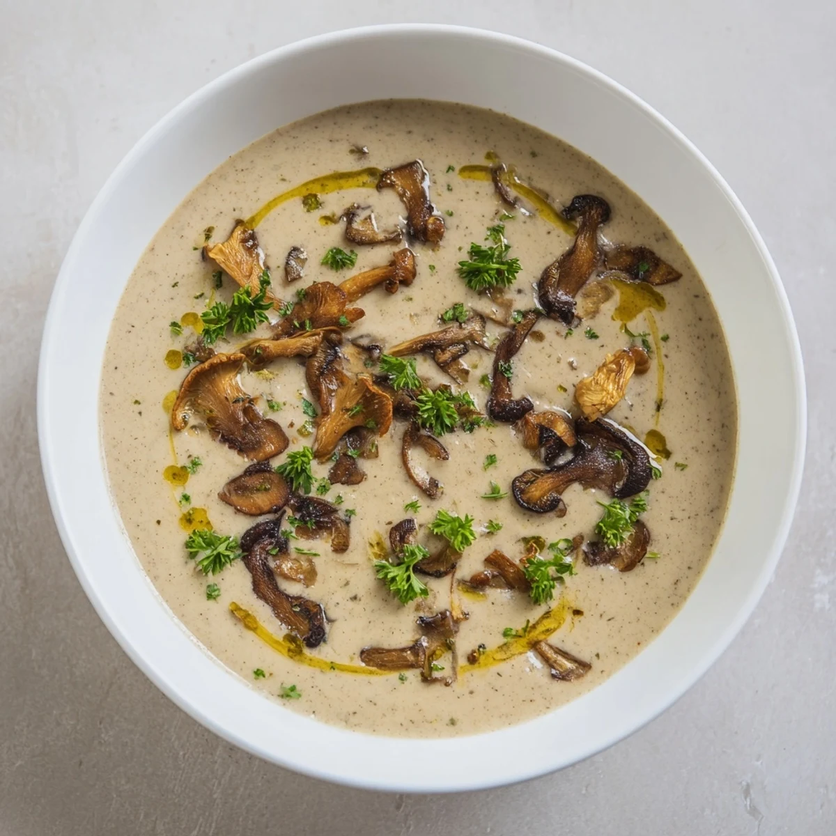 Steaming bowl of Creamy Mushroom Bisque, garnished with fresh herbs, ready to warm you up.