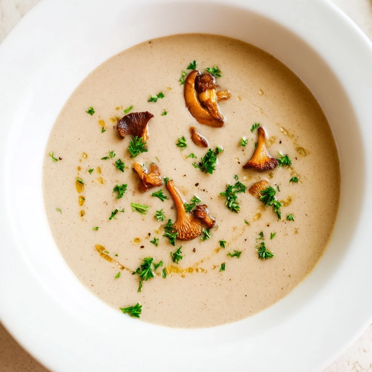 Golden spoonful of flavorful Creamy Mushroom Bisque, with hints of thyme and a wonderfully smooth consistency.