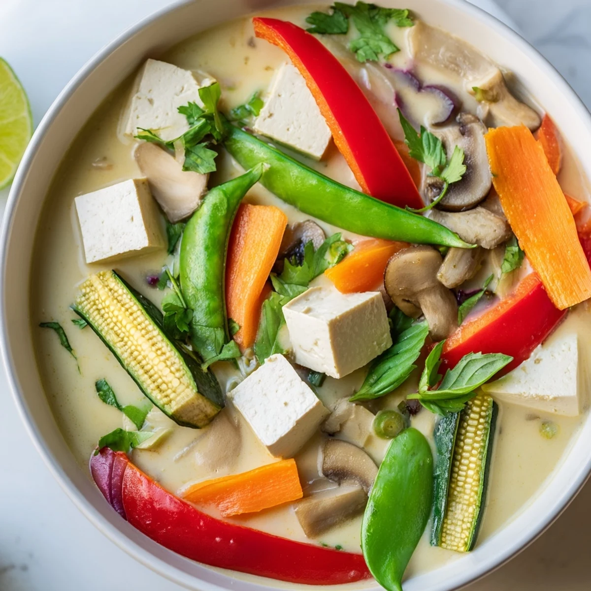 Steaming bowl of Thai Green Curry Coconut Soup, garnished with fresh cilantro and basil, ready to enjoy.