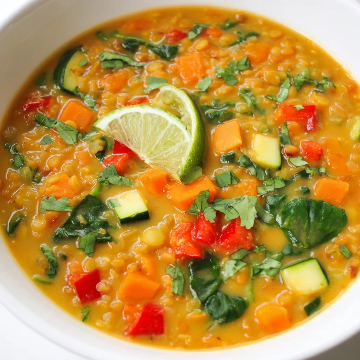 Steaming bowl of Lentil Red Curry Soup, garnished with cilantro and served with a lime wedge.