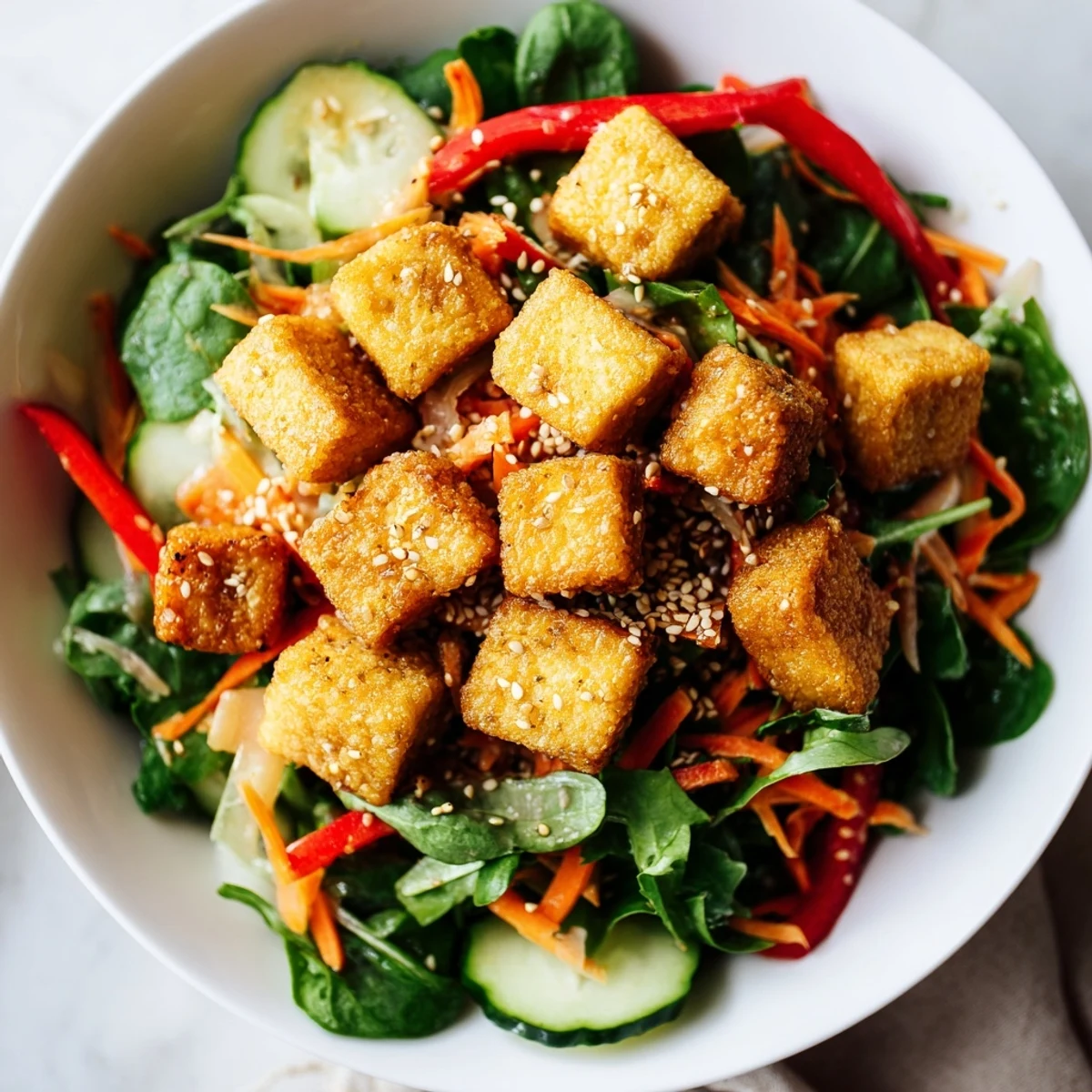 Golden, crispy tofu salad with vibrant veggies and savory ginger-soy dressing; a satisfying vegetarian meal.