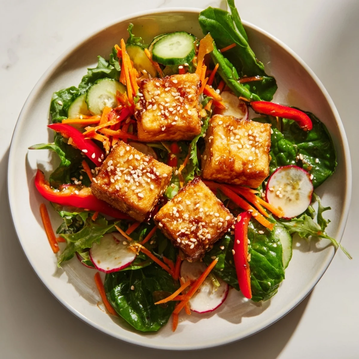 This amazing crispy tofu salad features golden tofu cubes on fresh greens, perfect for a light, delicious dinner.