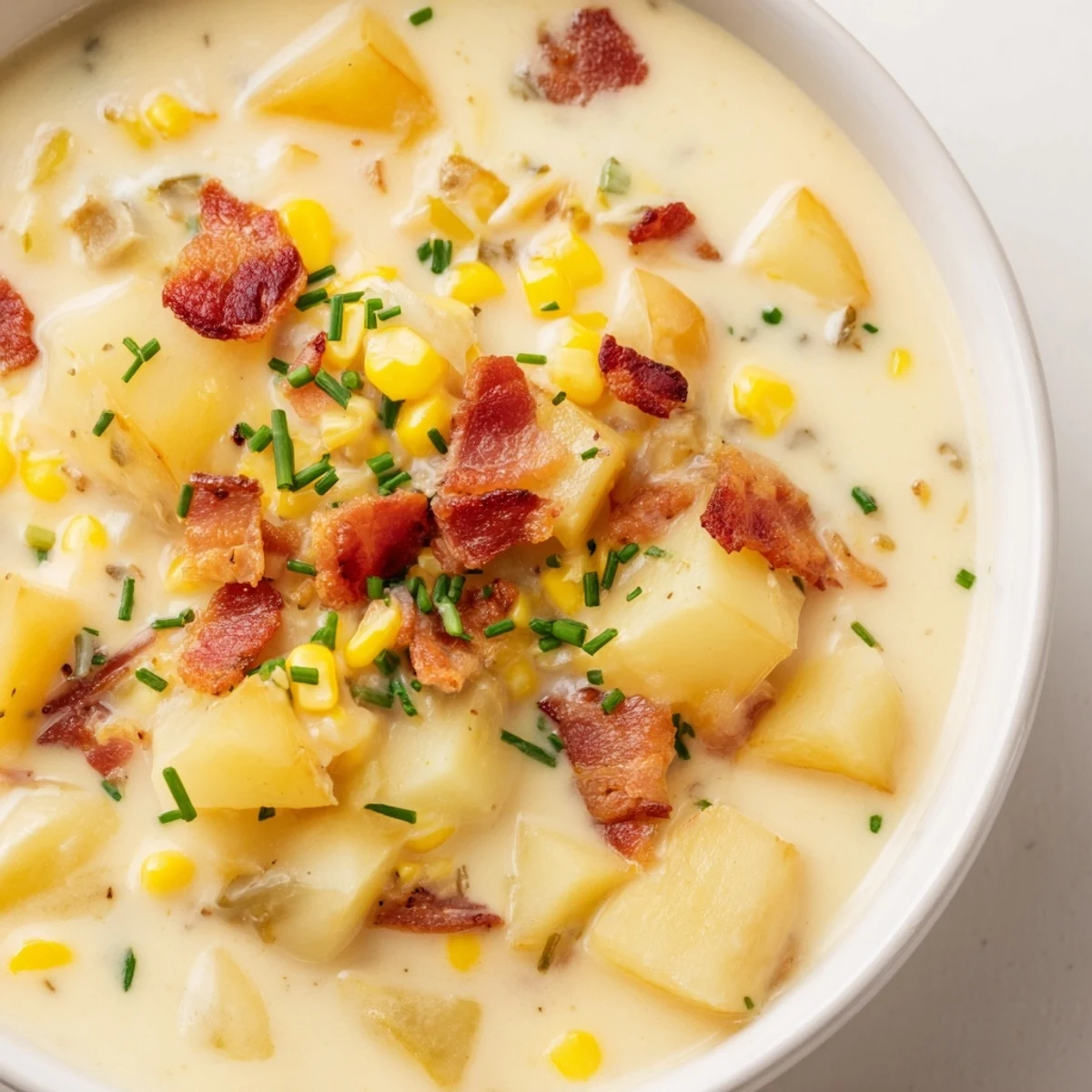 Creamy, golden Corn Chowder, ladled into a bowl, garnished with crispy bacon and fresh chives.