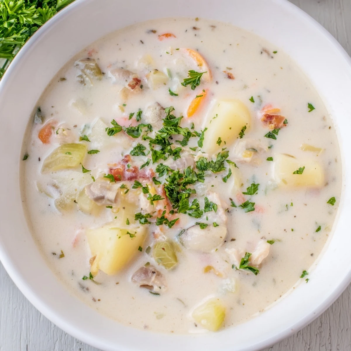 A hearty bowl of New England Clam Chowder, creamy and brimming with tender clams and potatoes.