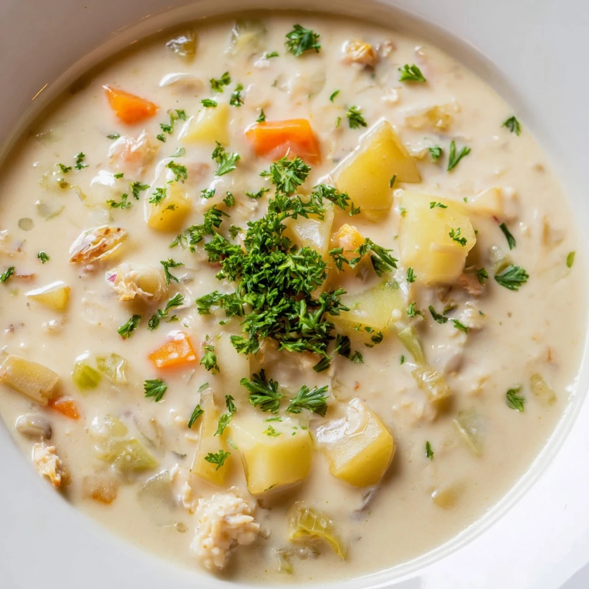 Steaming hot, this New England Clam Chowder features chunky potatoes, bacon, and fresh parsley garnish.