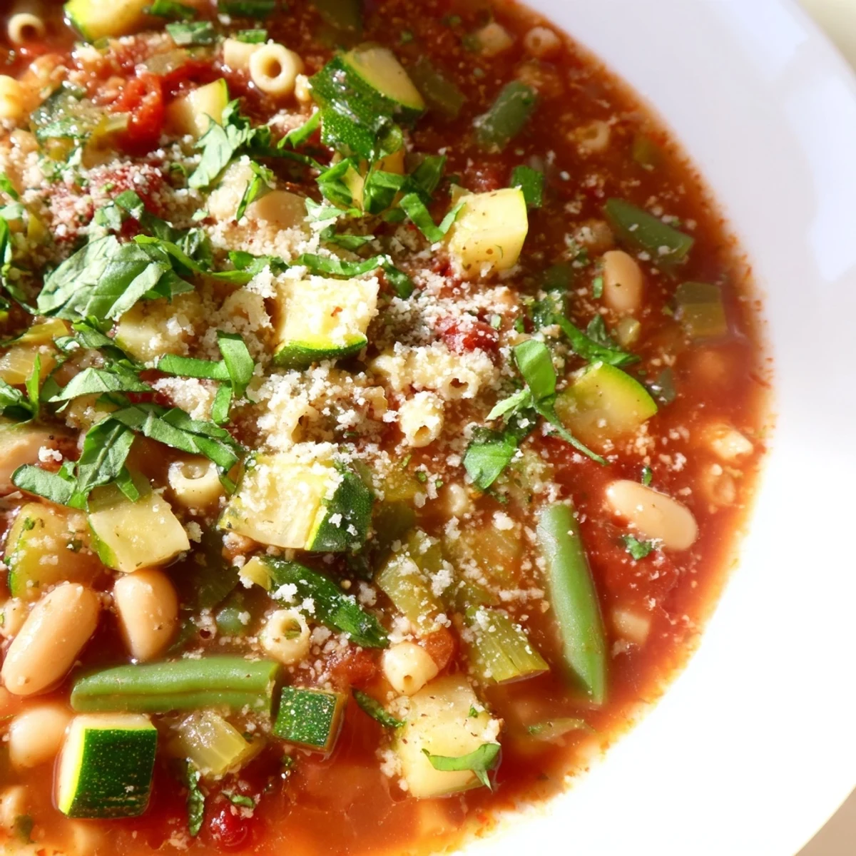 Steaming bowl of tomato basil minestrone, filled with vegetables, pasta and a fresh basil garnish.
