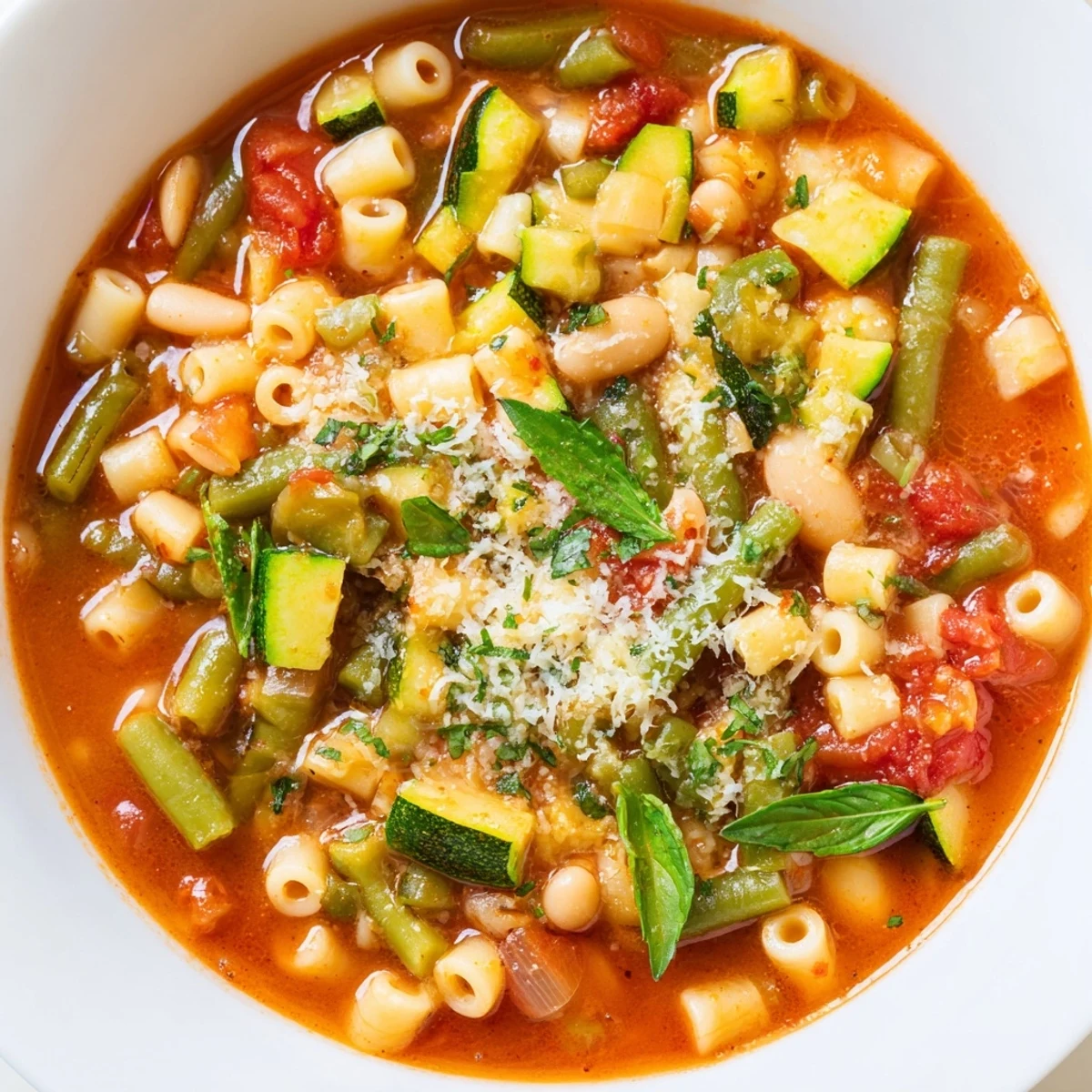Hearty tomato basil minestrone, fragrant and vibrant, a comforting Italian soup for a chilly evening.