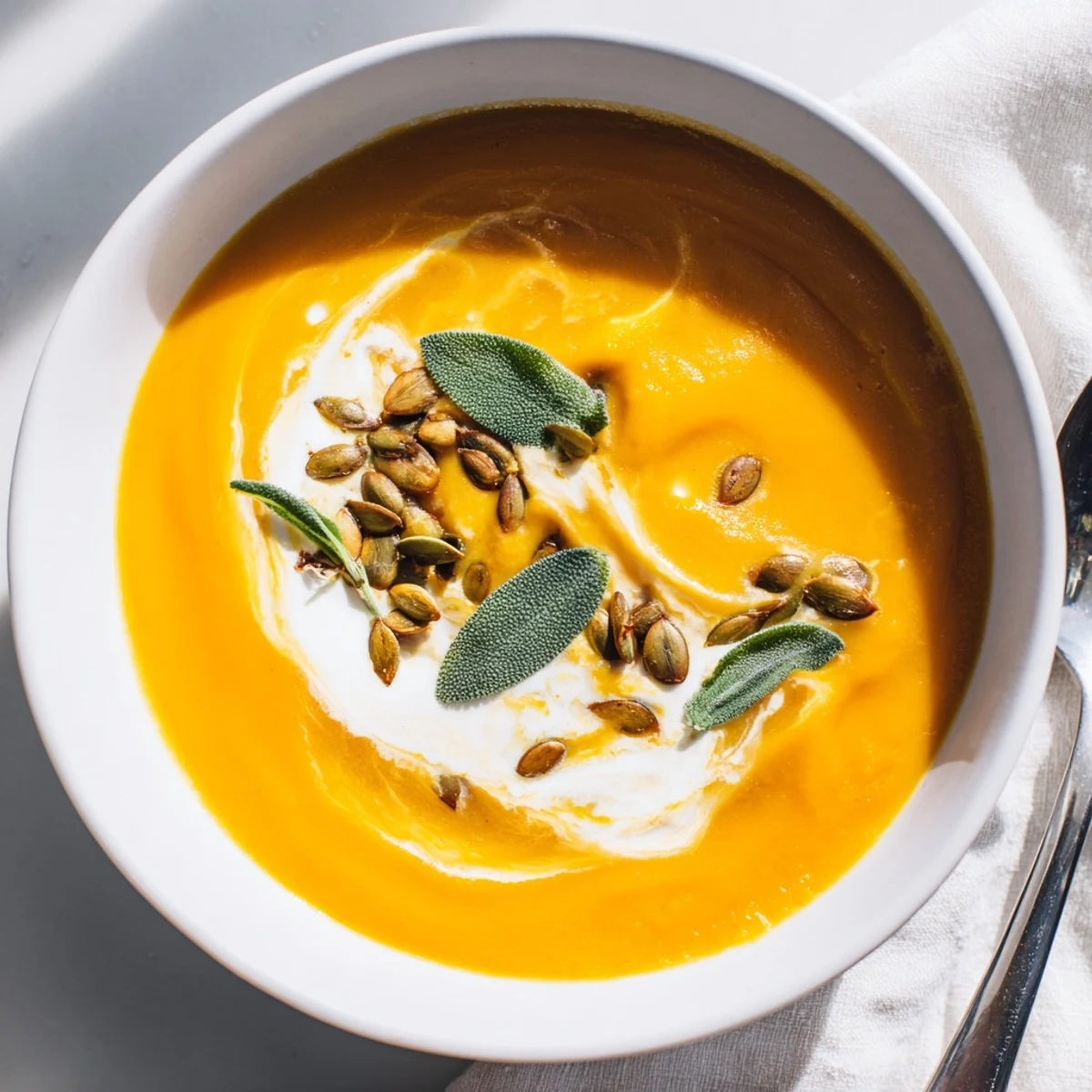 Steaming bowl of creamy butternut squash soup, garnished with fresh sage leaves and seeds.