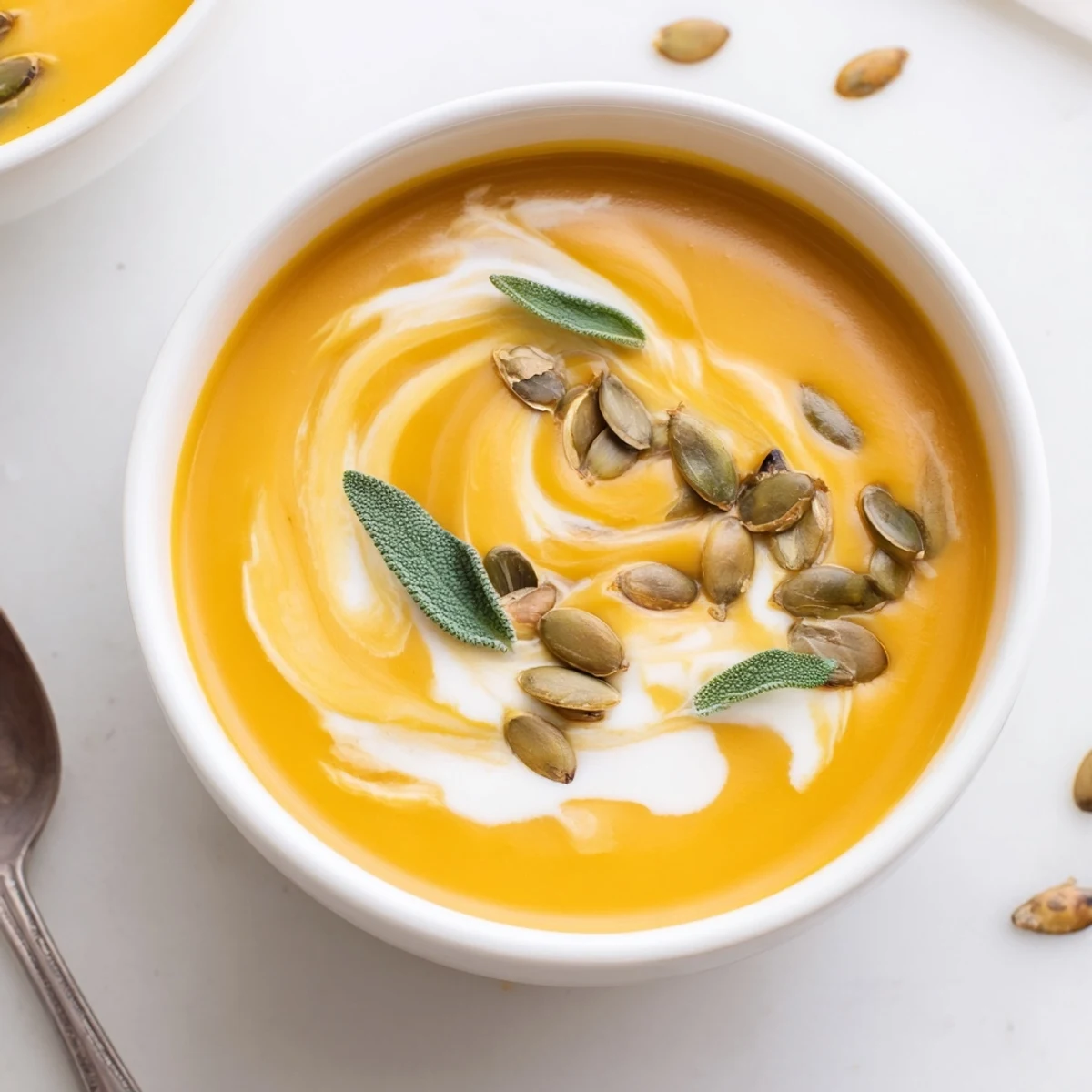 Aromatic, roasted butternut squash soup, blended smooth, ready to warm you up inside.