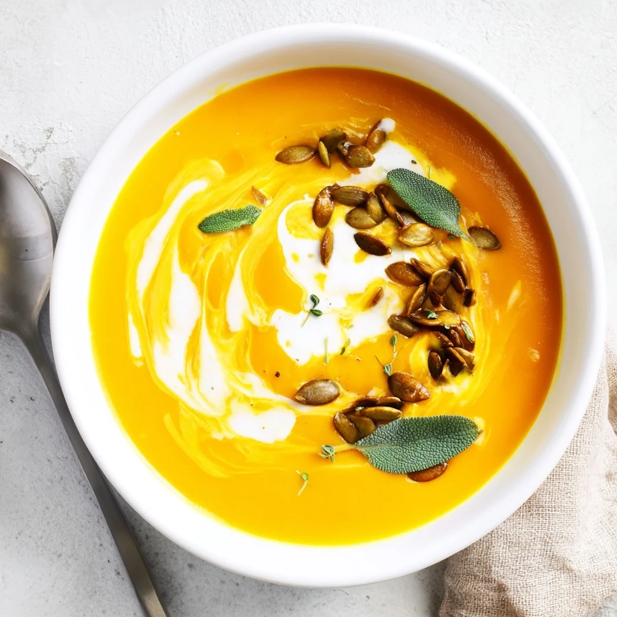 Thick, orange butternut squash soup, served with a swirl of cream, perfect for fall.