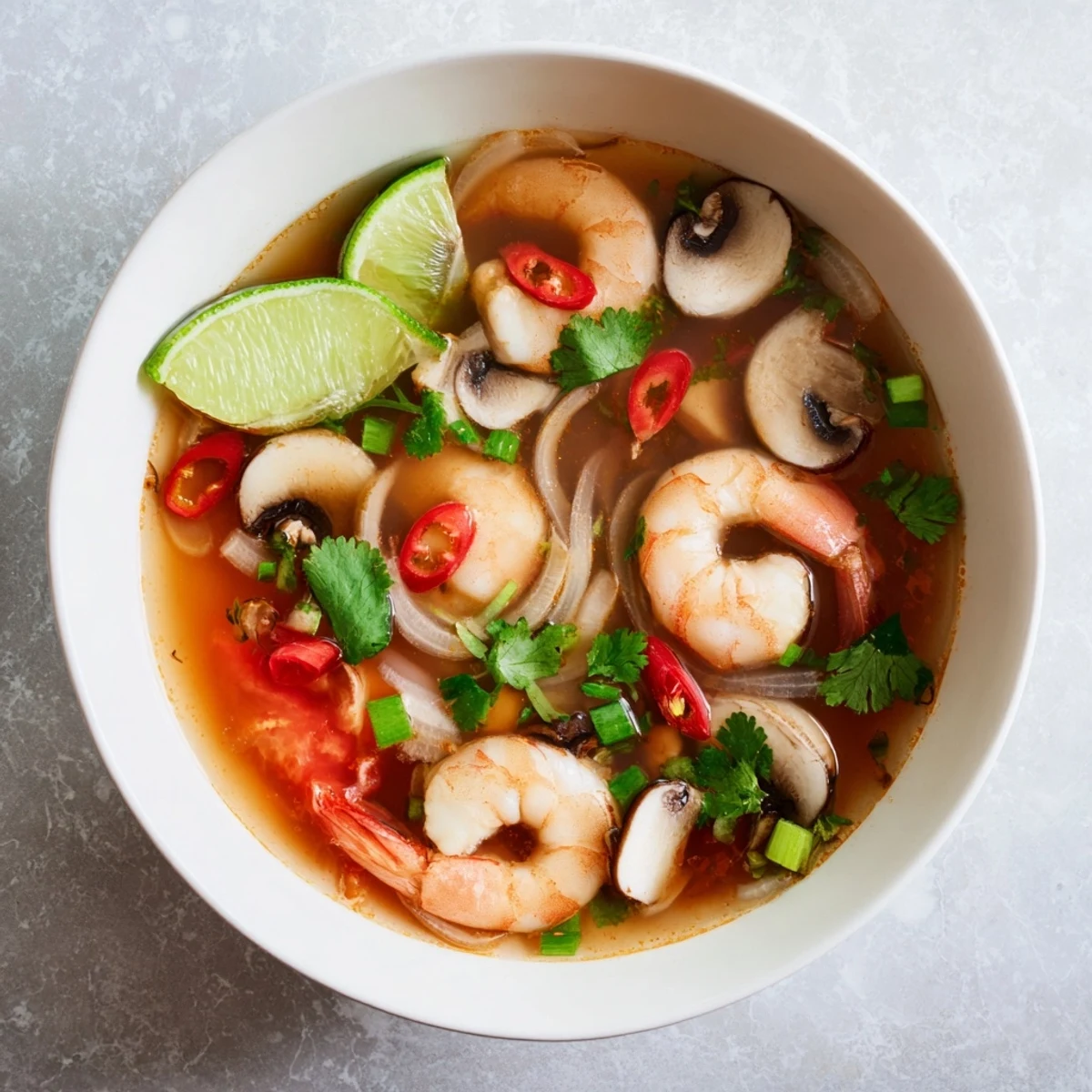 A close-up of Spicy Tom Yum Soup, showcasing plump shrimp and a spicy, sour broth.