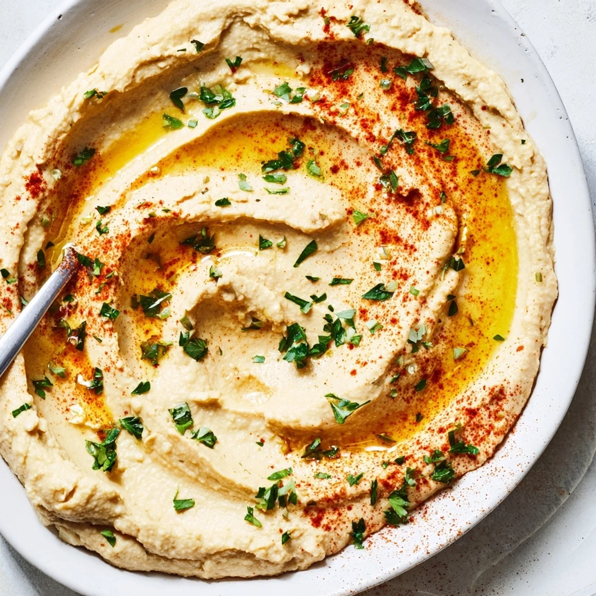Creamy, homemade Levantine hummus plate drizzled with olive oil and sprinkled with paprika, ready to be enjoyed.