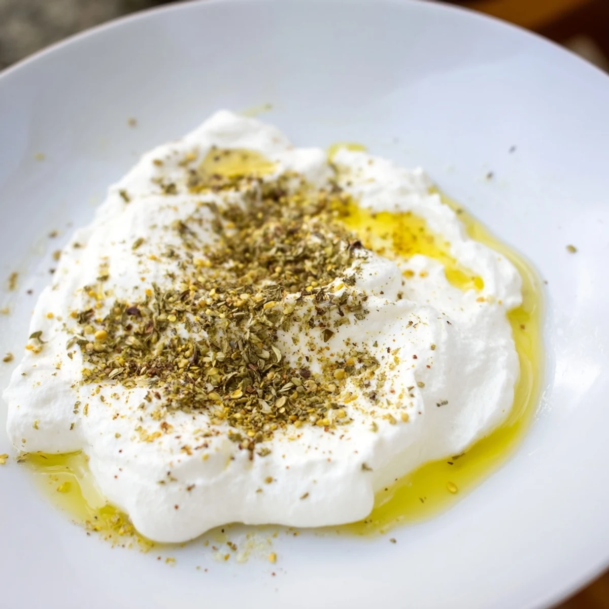 Creamy Levantine labneh cheese, drizzled with olive oil, ready for dipping with warm pita bread.