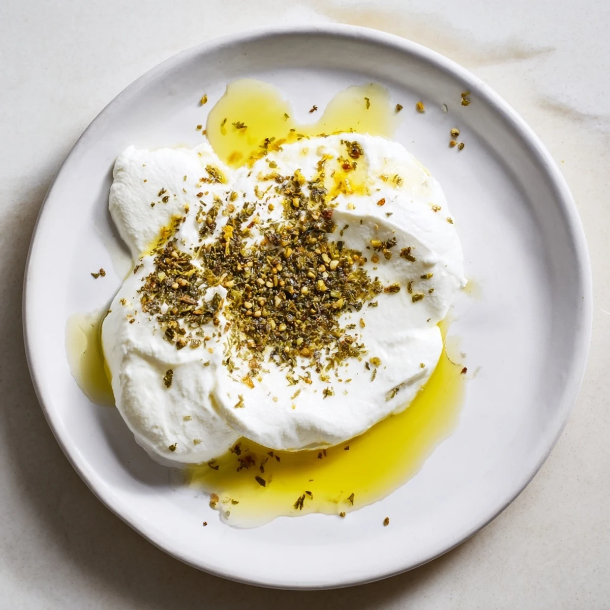 A close-up of thick, tangy Levantine labneh, perfect as a dip and accompanied by colorful crudités.