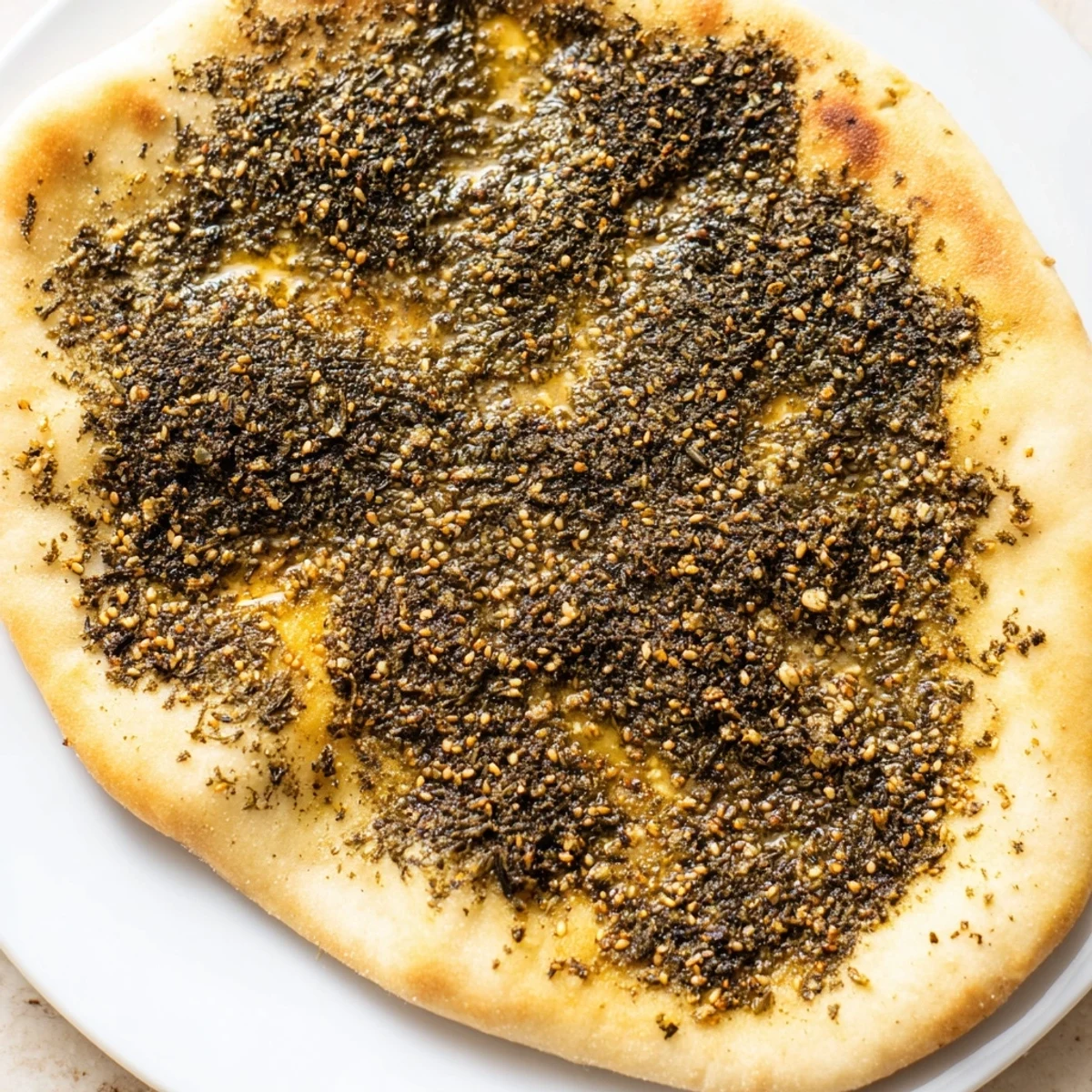 Freshly baked Levantine Zaatar Bread with visible sesame seeds, ideal for a Middle Eastern feast.