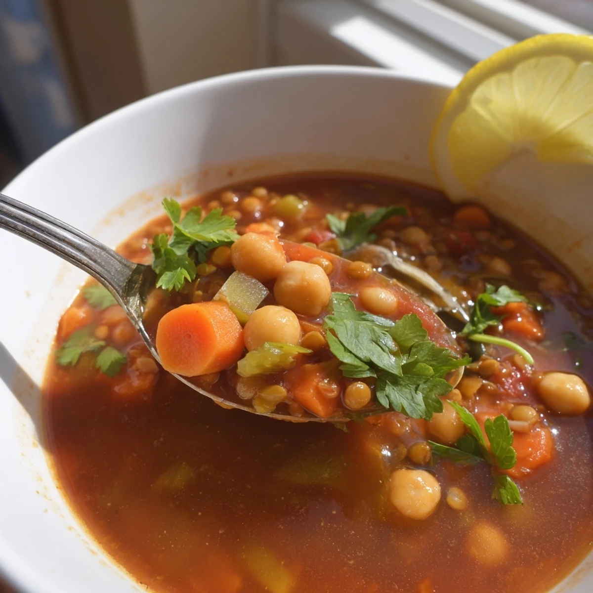 A steaming bowl of North African Harira Soup with vibrant colors and aromatic spices.