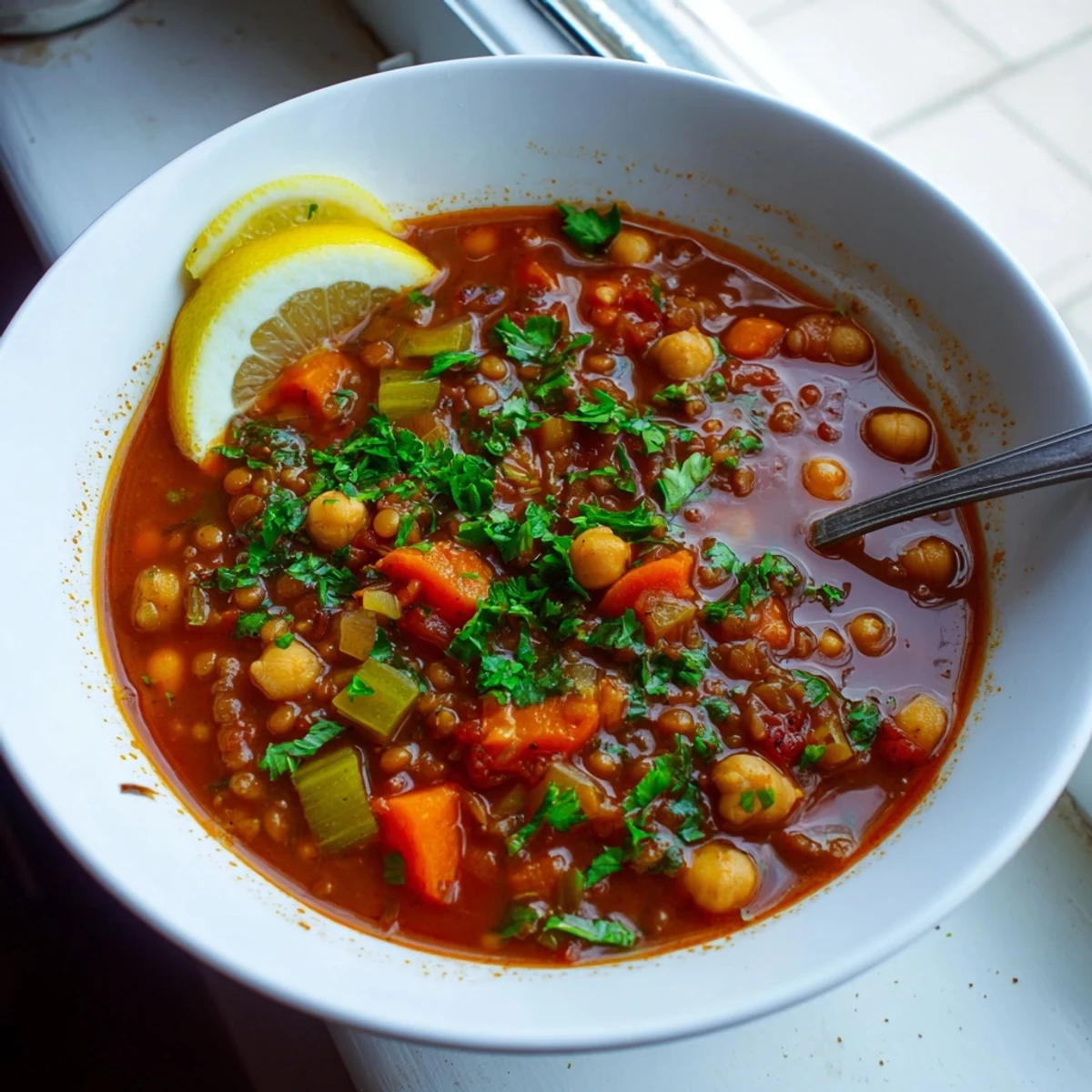 Close up shot: a flavorful, warming bowl of North African Harira Soup, perfect for a cold day.