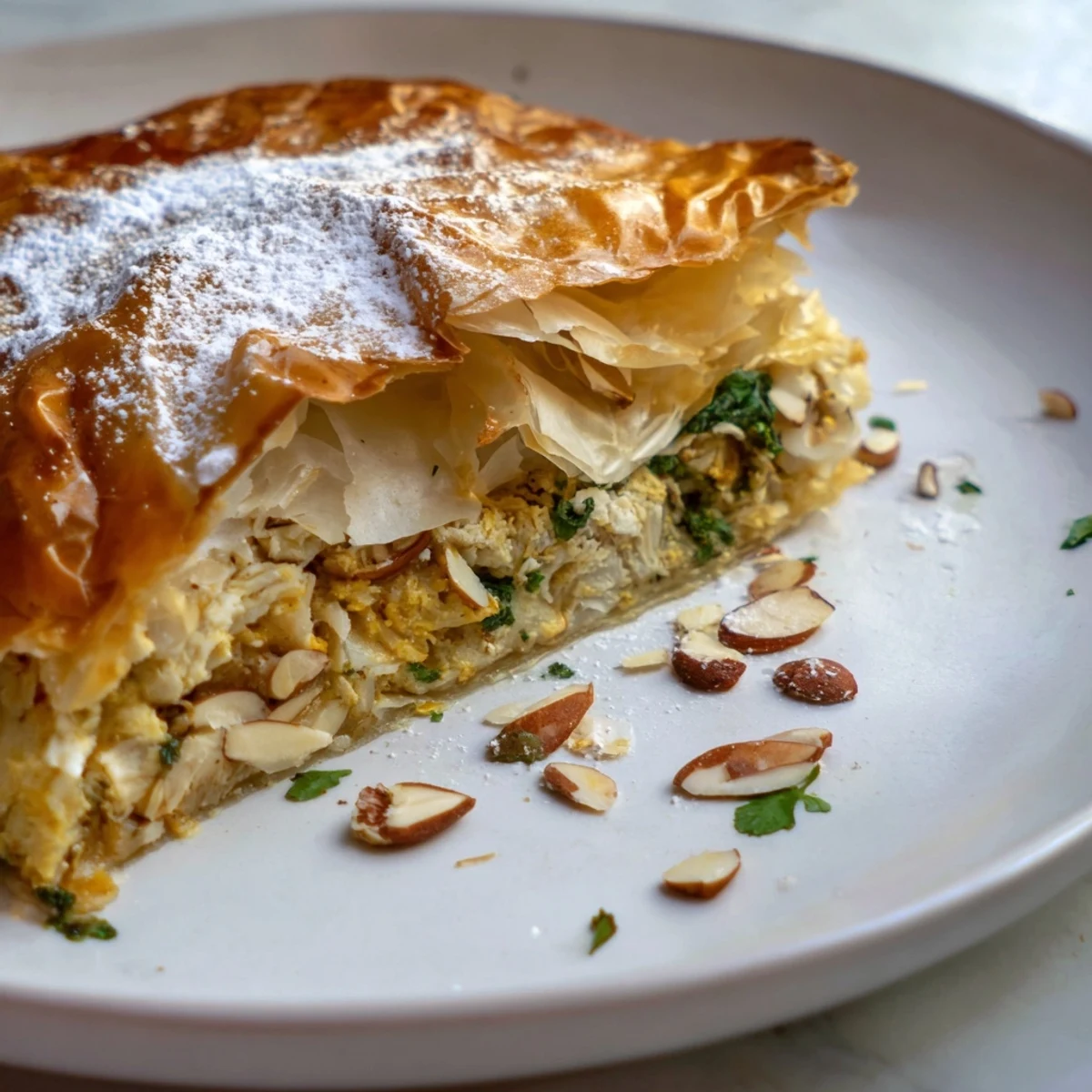 A close-up view of the rich, spiced filling bursting from the delicate phyllo of this Moroccan Pastilla Pie.