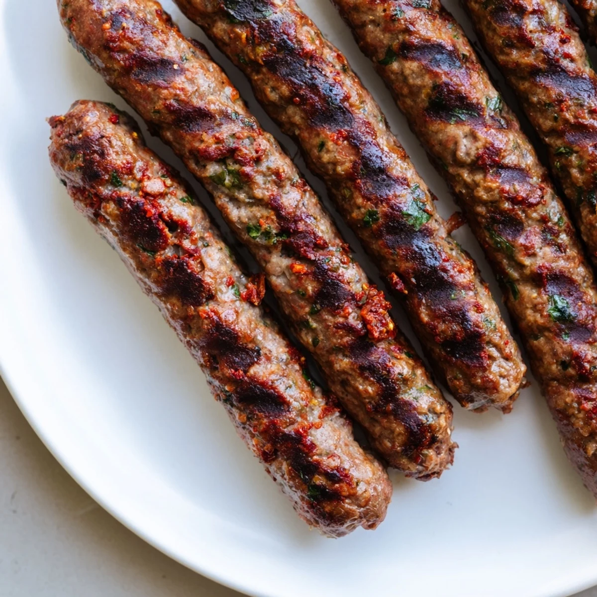 Grilled Tunisian Merguez sausage, browned and sizzling, spiced aromas filling the air, ready to eat.