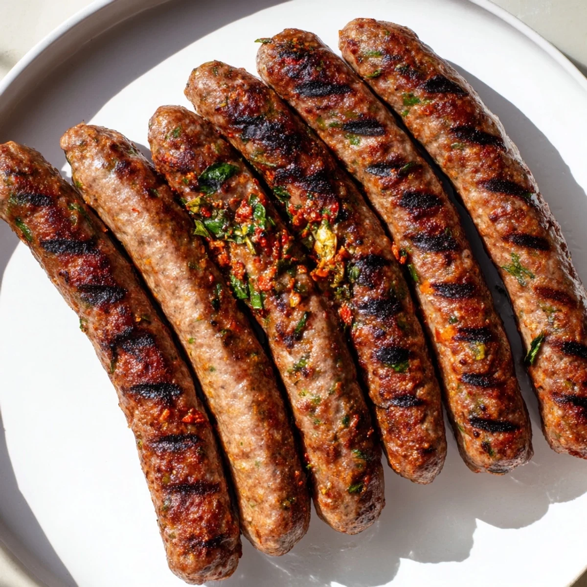 A platter of succulent Tunisian Merguez sausages, vibrant with herbs, cooked to perfection on a grill.