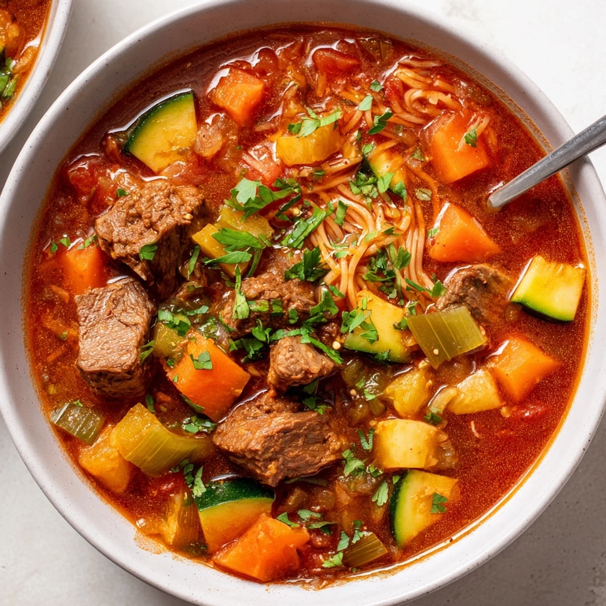 Steaming Algerian Chorba with tender lamb, vegetables, and aromatic spices, ready to enjoy.