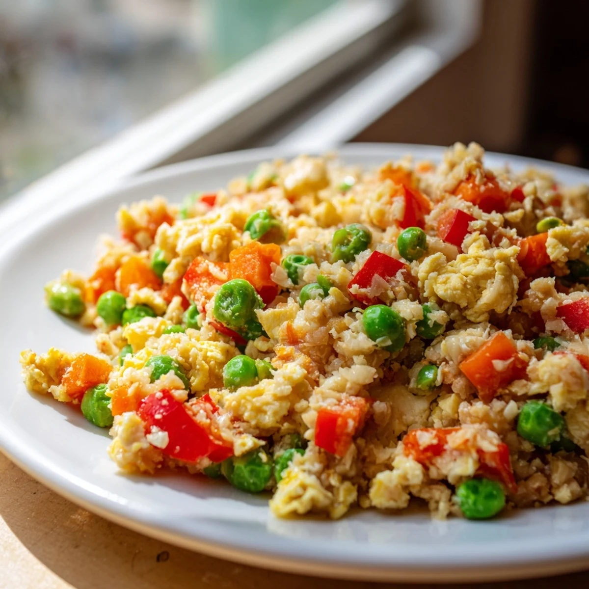 A close-up of vibrant Cauliflower Fried Rice with peas, carrots, and scrambled eggs, garnished with fresh green onions.