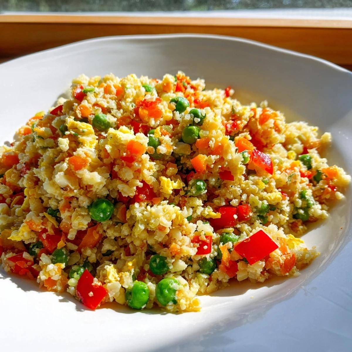 Steaming hot Cauliflower Fried Rice topped with sliced green onions and served alongside chopsticks for an authentic meal.
