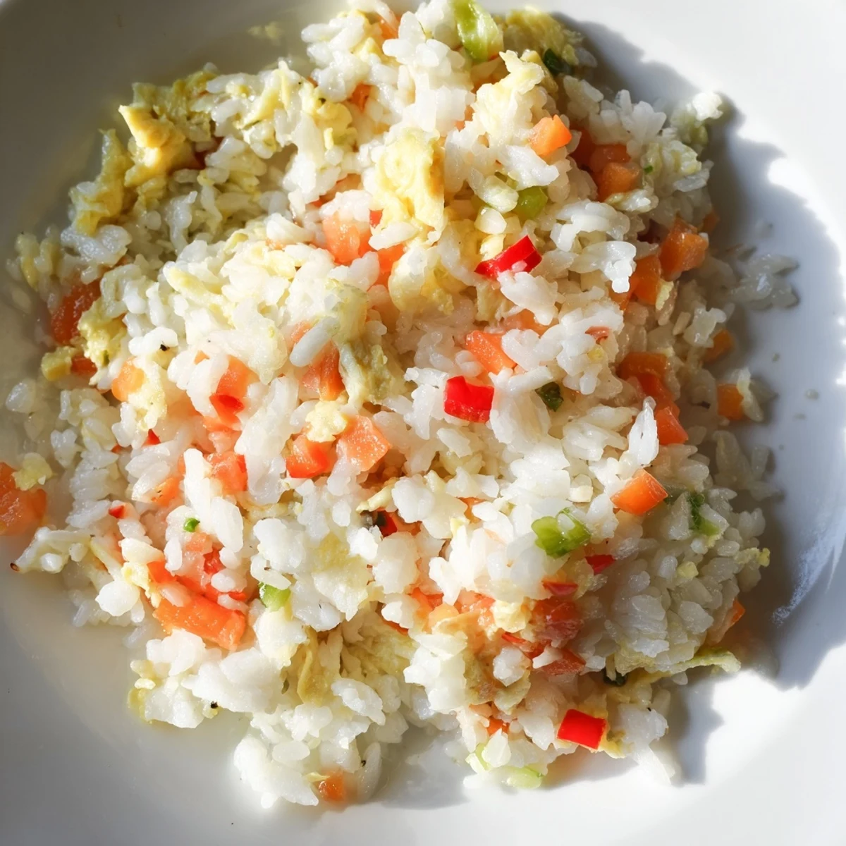 Fluffy egg fried rice in a skillet with colorful peas, carrots, and scallions, steam rising from the savory stir-fry.