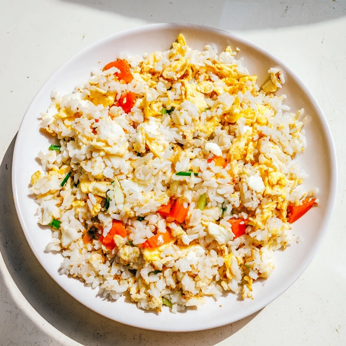 Serve egg fried rice in a white bowl, garnished with green onions, ready for a quick vegetarian dinner.