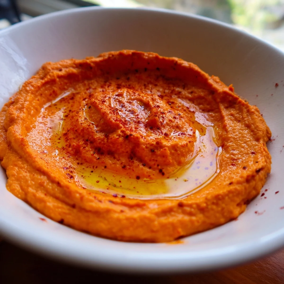 A bowl of creamy roasted red pepper hummus garnished with olive oil, paprika, and fresh parsley for dipping.  