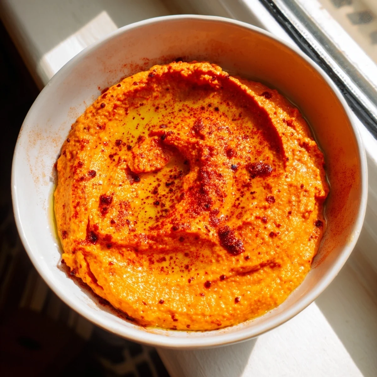 Vibrant roasted red pepper hummus spread on a pita chip, showcasing its smooth, smoky, and appetizing texture.  